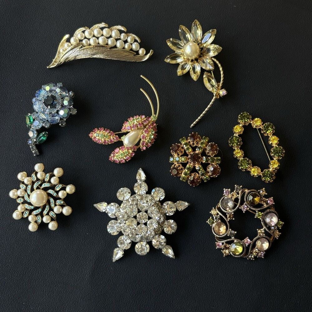 Mix Lot 9 Vintage Brooch Lot Monet Austria STAR Rhinestone Pearl Floral Pins